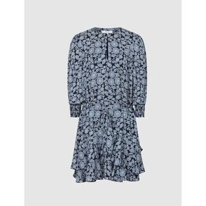 Reiss Navy Blue Floral Print V-Neck Ruffle Mini Dress Size US 6 UK 10